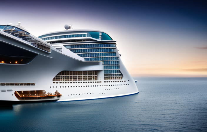 An image depicting a luxurious Celebrity Cruise Ship emerging from a shimmering ocean backdrop, showcasing its newly refurbished exterior with pristine decks, modernized amenities, and gleaming glass panels