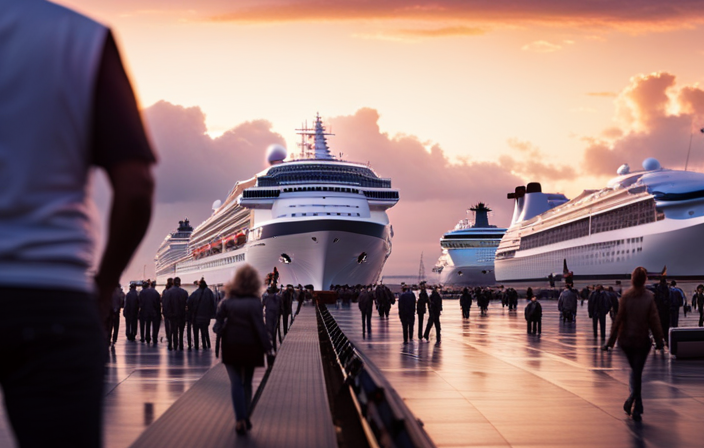 An image showcasing a bustling cruise terminal with multiple colossal ships docked, lined up as far as the eye can see