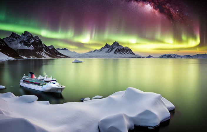 An image showcasing a majestic cruise ship sailing through the Arctic waters under a vibrant, star-speckled sky, with the ethereal green and purple hues of the Northern Lights dancing overhead