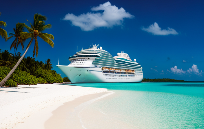 An image showcasing a luxurious cruise ship gliding through crystal-clear turquoise waters, surrounded by pristine white sandy beaches, lush palm trees, and vibrant coral reefs, hinting at the magical allure of a voyage to the stunning destination of Turk and Caicos