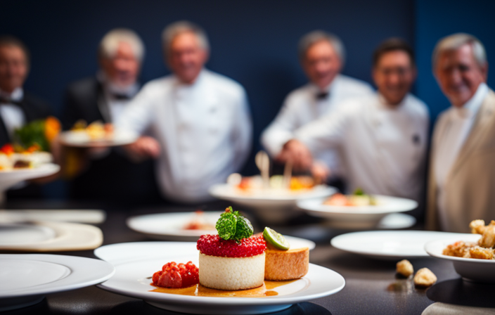 An image showcasing a dazzling array of delectable cuisine, beautifully presented on a luxurious cruise ship
