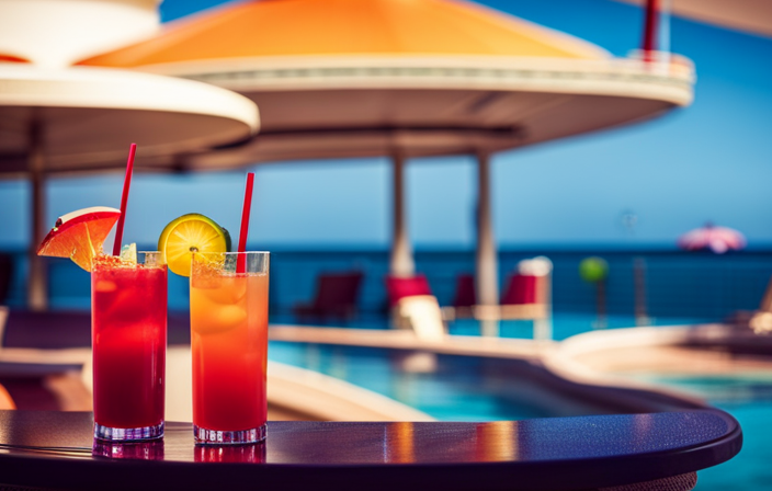 An image showcasing a vibrant poolside bar on a cruise ship, adorned with tropical umbrellas, a variety of colorful cocktails, and happy passengers indulging in their drinks with delight