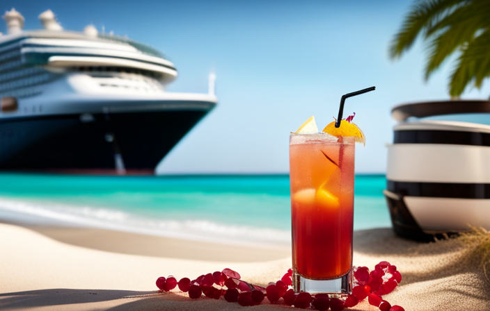An image featuring a colorful tropical drink, adorned with a small price tag, resting on a pristine white sandy beach, with a majestic cruise ship in the background, showcasing a distinct logo