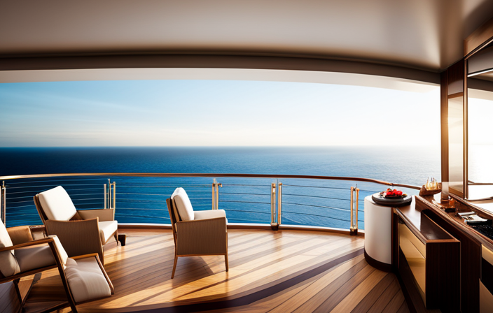 An image showcasing a luxurious cruise ship balcony cabin, with an expansive private terrace adorned with plush loungers, a panoramic ocean view, and elegant decor, highlighting the spaciousness offered by the largest balcony cabins among cruise lines