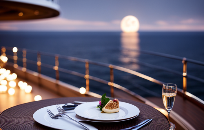 An image showcasing a moonlit, open-air deck of a luxurious cruise ship, adorned with twinkling fairy lights, a private dining setup for two, and a breathtaking panoramic view of the vast ocean expanse