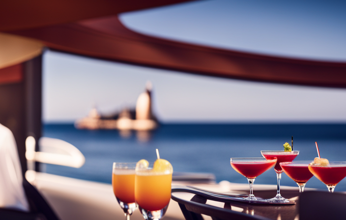 An image showcasing a luxurious cruise ship deck adorned with elegant lounge chairs, where passengers unwind while sipping on a variety of colorful, handcrafted cocktails, as a friendly bartender skillfully serves them with a warm smile
