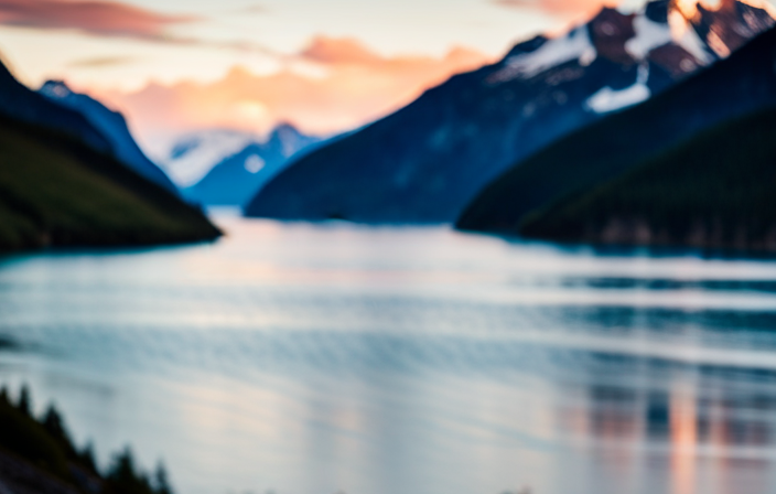 An image depicting a majestic Alaskan fjord bathed in golden sunlight, where a luxurious cruise ship adorned with pristine white decks glides through icy blue waters, as snow-capped mountains tower above