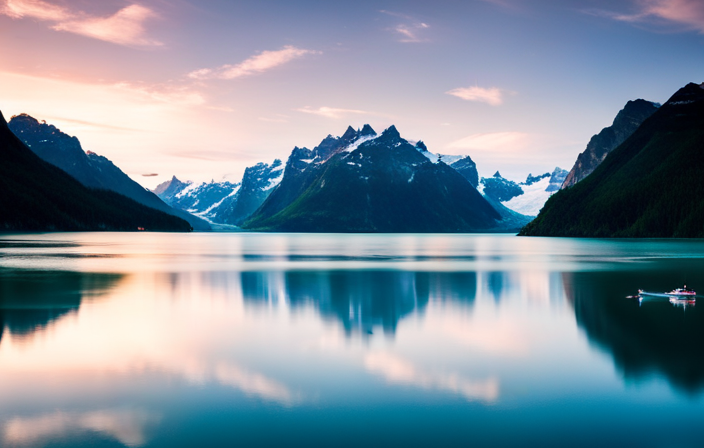 An image showcasing the awe-inspiring beauty of Glacier Bay National Park, featuring a majestic cruise ship gliding through icy waters towards towering glaciers, surrounded by snow-capped mountains and pristine wilderness