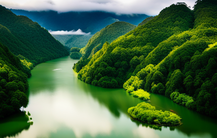 An image showcasing a magnificent river vessel gliding through lush emerald rainforests