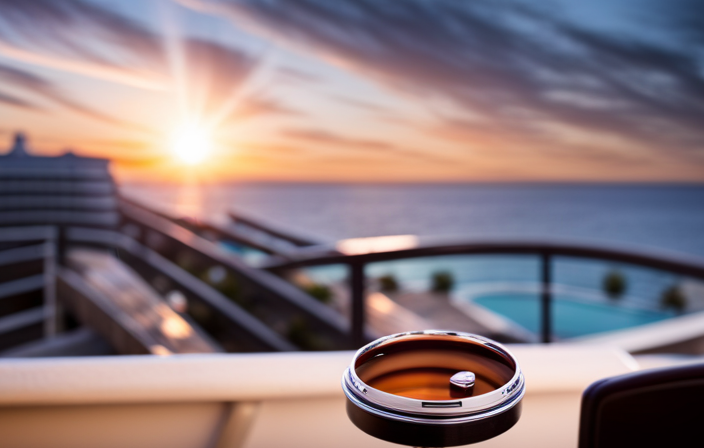 An image featuring a breathtaking sunset view from a spacious balcony, adorned with comfortable seating and an ashtray
