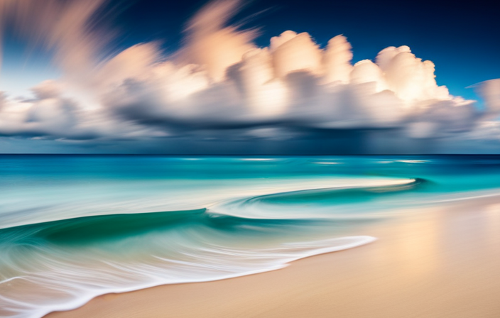 An image showcasing a pristine white-sand beach lined with palm trees, crystal-clear turquoise waters, and vibrant coral reefs teeming with tropical fish