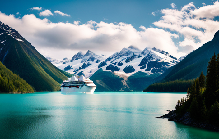 An image showcasing a majestic glacier-covered mountain range reflected in pristine turquoise waters, with a luxurious cruise ship anchored nearby, capturing the essence of the best Alaska cruise line experience