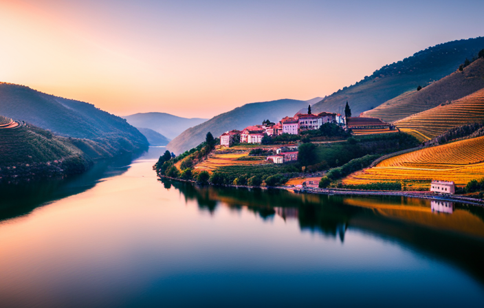 An image showcasing a luxurious riverboat gliding through the scenic Douro Valley