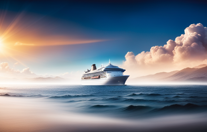 An image showcasing a massive cruise ship emitting dark plumes of toxic smoke into the clear blue sky, surrounded by pristine ocean waters tarnished with floating debris and oil slicks