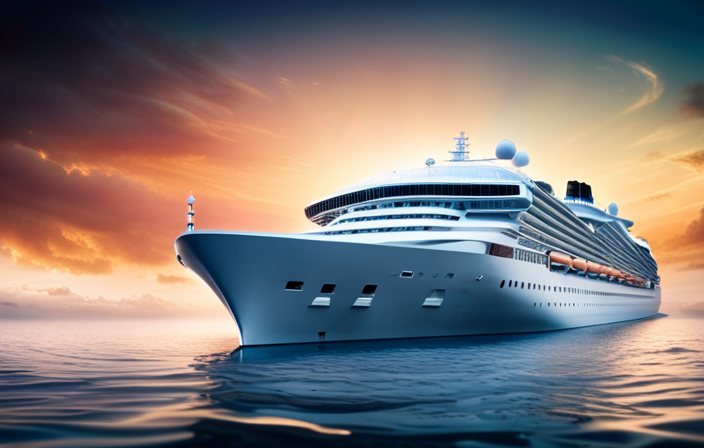 An image featuring a cross-sectional view of a massive cruise ship, showcasing its intricately designed hull with multiple watertight compartments, buoyant force exerted by displaced water, and stable equilibrium