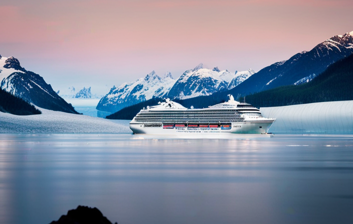 An image showcasing a majestic Princess Alaska Cruise ship gently gliding through the icy blue waters of Glacier Bay National Park, surrounded by towering snow-capped mountains and playful humpback whales breaching in the distance