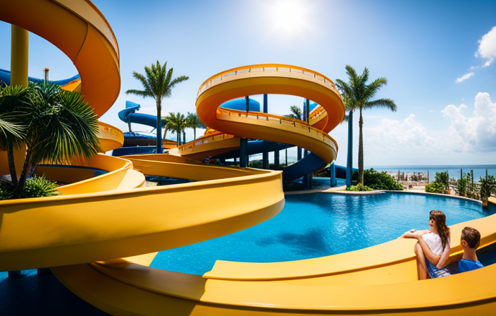 An image featuring a vibrant, multi-level water park with thrilling slides, a lazy river winding through lush greenery, and a splash pad for toddlers, showcasing the ultimate family-friendly experience aboard a Royal Caribbean cruise ship