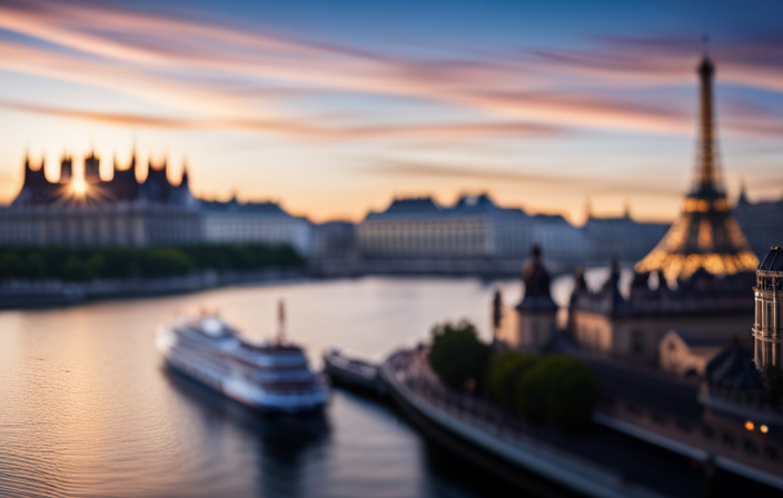 An image showcasing a majestic sunset over the Seine River, with a luxurious river cruise ship gliding along the water, adorned with twinkling lights and passengers enjoying panoramic views from the deck