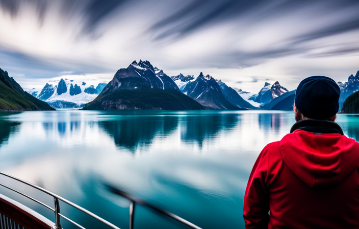 An image showcasing a magnificent Alaskan landscape from the bow of a cruise ship
