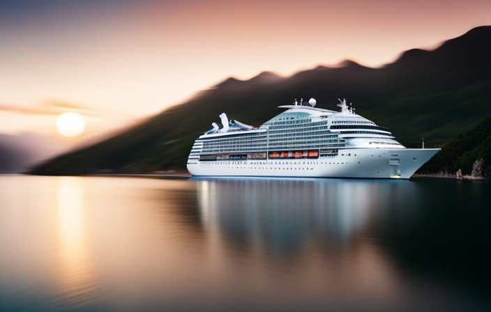 An image showcasing a vibrant Mediterranean cruise ship sailing against a breathtaking backdrop of picturesque coastal towns, azure waters, and sun-kissed beaches, highlighting both port and starboard sides for an unforgettable travel experience