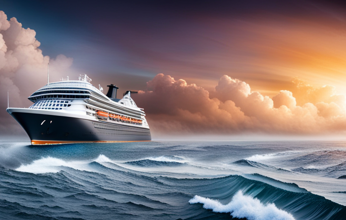 An image showcasing a vibrant cruise ship adorned with Cincinnati Bengals colors, sailing triumphantly on a stormy sea