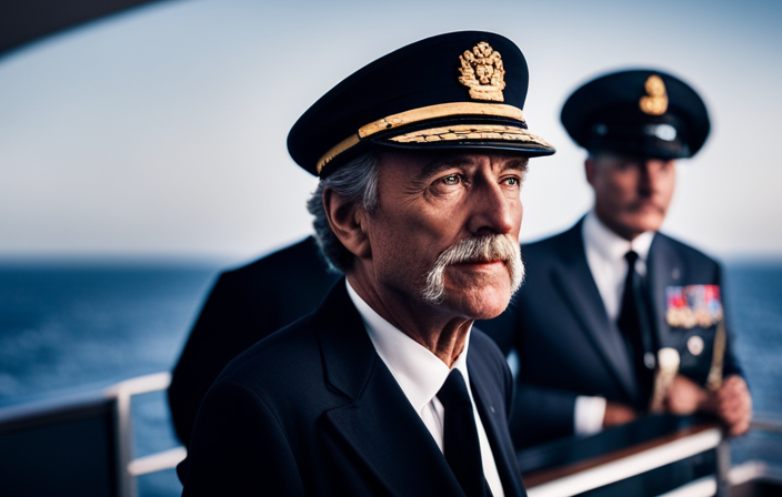 An image capturing the commanding presence of a seasoned sea captain, confidently standing at the helm of a majestic cruise ship, as the wind tousles their hair and an air of adventure fills the vast open seas