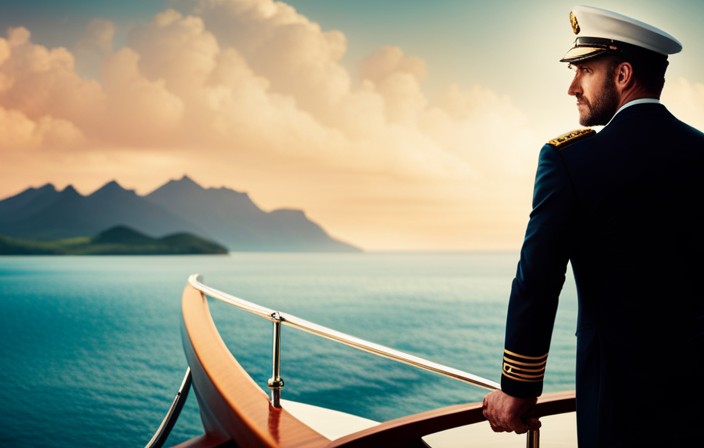 An image showcasing a captain with a firm grip on the wheel of a majestic cruise ship, confidently steering through glistening, turquoise waters, with a backdrop of idyllic islands and a clear blue sky