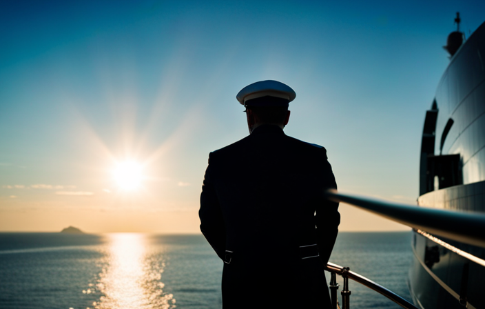 An image showcasing the silhouette of a confident and focused captain, standing tall on the bridge of a majestic cruise ship, his hand firmly on the ship's wheel as it glides through calm turquoise waters