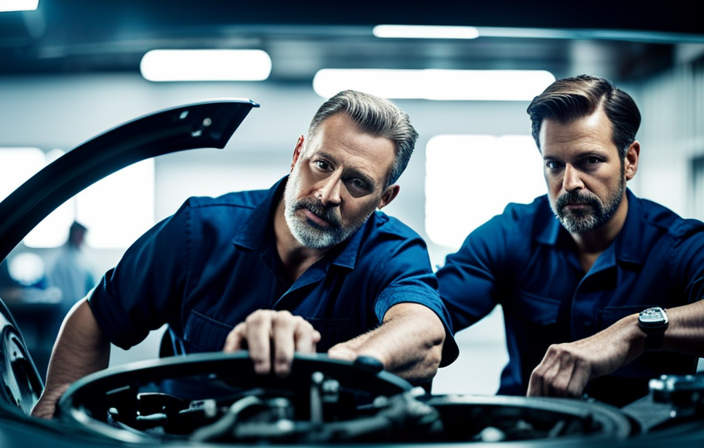 An image that showcases a skilled automotive technician in a well-equipped workshop, diligently installing cruise control in a sleek car