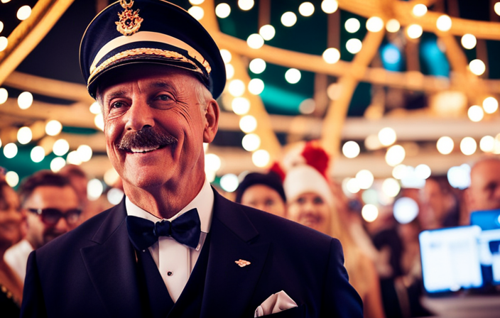 An image showcasing a vibrant, energetic cruise director on Carnival Mardi Gras, interacting with enthusiastic passengers during a lively deck party, with colorful costumes, confetti, and a backdrop of the iconic ship's fun-filled amenities