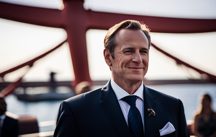 An image showcasing a confident, distinguished individual dressed in a navy suit, standing on the deck of a majestic Carnival Cruise ship, exuding authority and leadership with a subtle smile