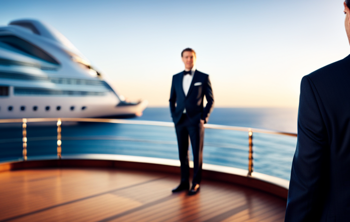 An image of a distinguished individual in a navy blue suit, confidently standing on the deck of a luxurious cruise ship, with the Norwegian Cruise Line logo prominently displayed in the background