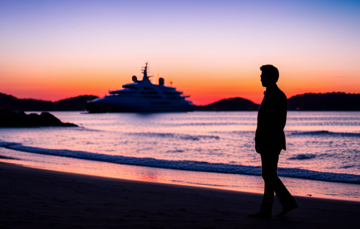 An image featuring a vibrant sunset over a pristine beach, where a silhouette of a mysterious figure walks towards a docked luxury yacht
