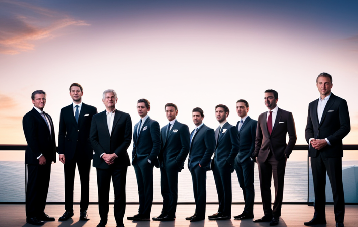 An image showcasing the ownership of Azamara Cruise Lines using visual cues: a diverse group of influential individuals in business attire, standing side by side, with the Azamara logo prominently displayed above them