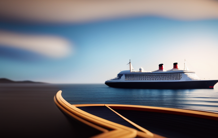 An image featuring a majestic ocean liner sailing under a clear blue sky, adorned with the iconic Cunard logo on its hull