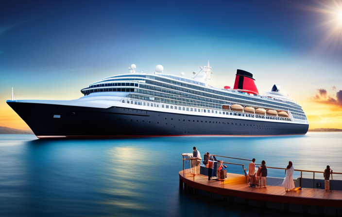 An image featuring a regal, opulent cruise ship adorned with the iconic Cunard logo, sailing majestically on sparkling cerulean waters, surrounded by a diverse array of passengers indulging in luxurious amenities and captivating entertainment