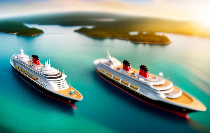 An image showcasing a luxurious Disney Cruise ship gliding through serene turquoise waters, adorned with the iconic Mickey Mouse logo, while a diverse group of passengers happily enjoy various onboard activities, representing the diverse ownership of Disney Cruise Line