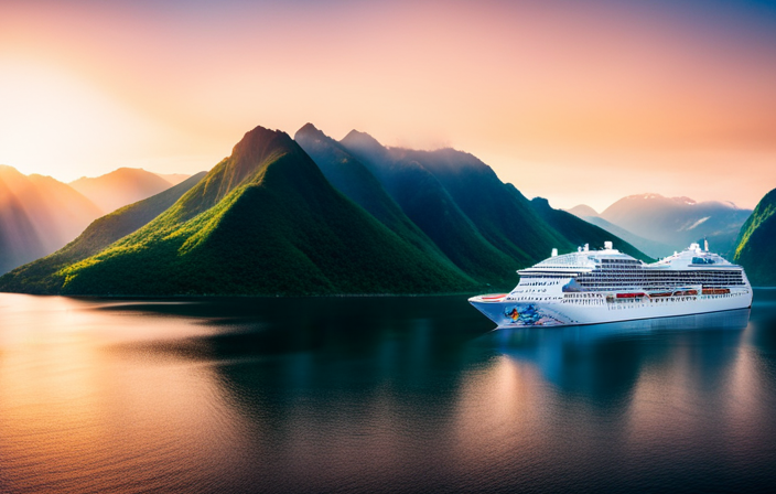 An image showcasing the Norwegian Cruise Lines ownership by depicting a ship sailing through crystal-clear Norwegian fjords, adorned with the flags of its parent companies: Genting Hong Kong, Apollo Global Management, and TPG Capital