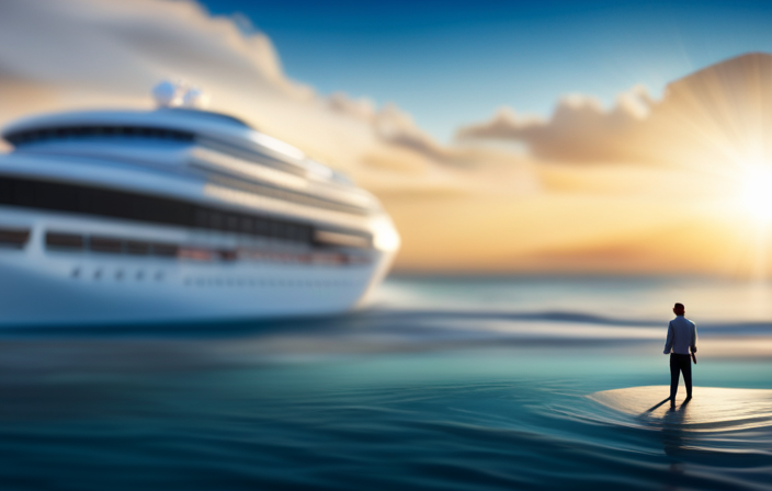 An image featuring a luxurious cruise ship sailing across a sparkling azure sea, adorned with the Silversea Cruise Line logo on its sleek hull, surrounded by opulent amenities and a backdrop of exotic destinations