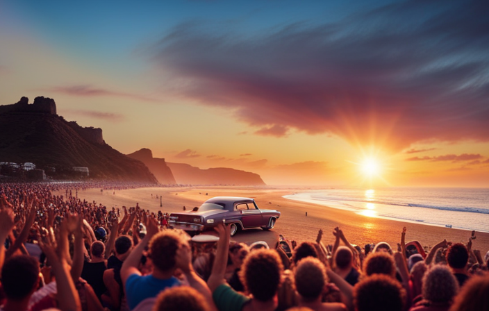 An image depicting a vibrant beach scene with a retro car cruising along the shoreline