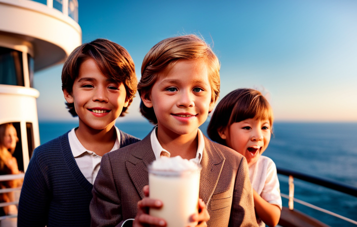An image showcasing Zack and Cody, lingering excitement in their eyes, standing on a luxurious cruise ship's deck, surrounded by ecstatic children, eagerly brandishing Danimals yogurt prizes, their faces beaming with victorious smiles