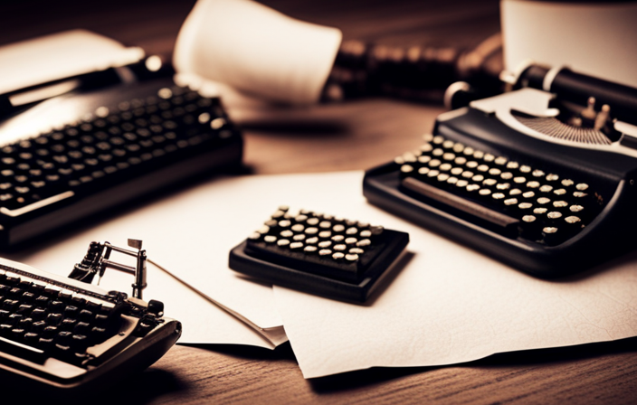 An image depicting a montage of vintage typewriters, pens, and crumpled paper scattered across a wooden desk, hinting at the mysterious author behind the acclaimed novel "Cruise