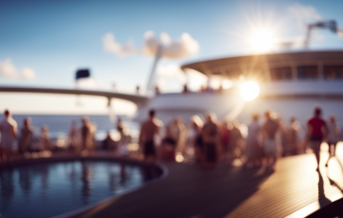 An image showcasing a bustling cruise ship deck, where a large crowd of passengers gather around a minuscule pool, highlighting the stark contrast between the ship's vastness and the limited space allocated for swimming and relaxation