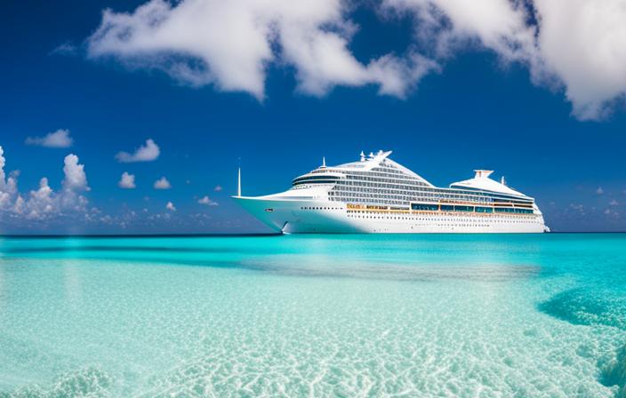 An image showcasing a majestic cruise ship sailing through turquoise waters, adorned with the Bahamian flag on its stern