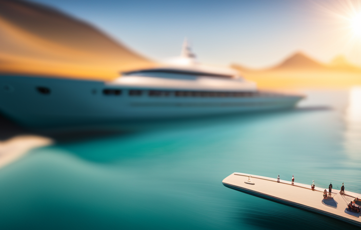 An image showcasing a gleaming, pristine white cruise ship towering above turquoise waters, its hull reflecting the sunlight