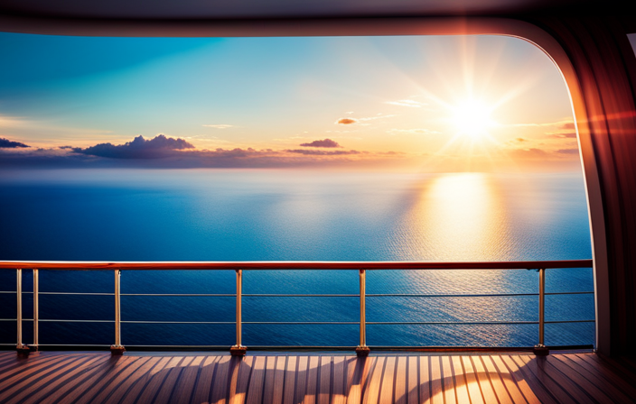 An image showcasing a serene ocean view from a luxurious cruise ship deck, with a seamless airfare booking process displayed on a digital screen