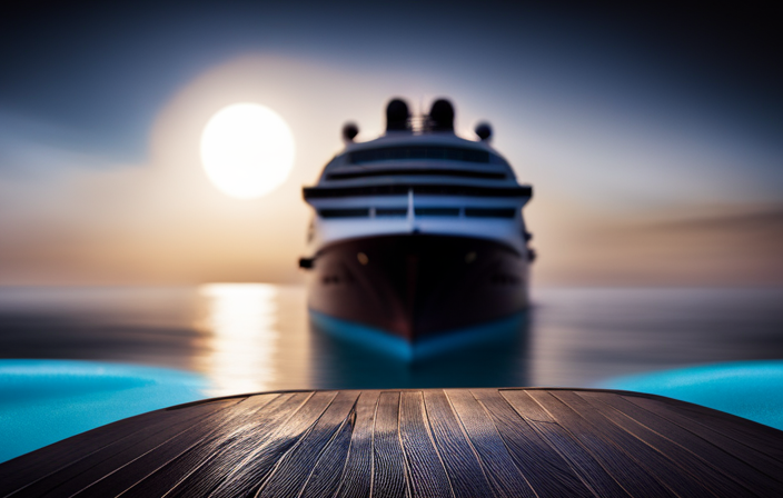 An image depicting a serene, moonlit cruise ship deck, where sparkling blue pool water cascades into a hidden drainage system