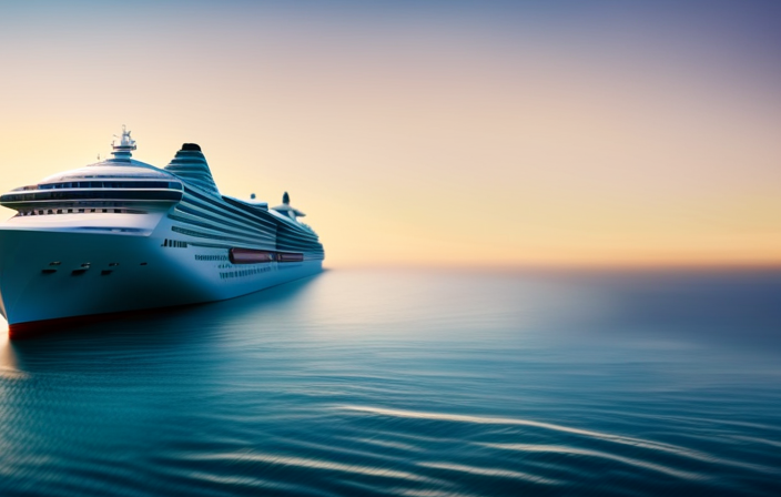 An image depicting a colossal cruise ship gliding through calm, turquoise waters, its sleek body slicing effortlessly through gentle ripples, as the sun's golden rays illuminate its path, showcasing the leisurely pace that baffles many
