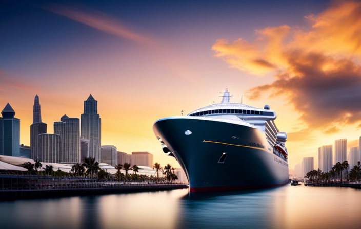 An image depicting a colossal cruise ship majestically docked in a vibrant foreign port, surrounded by bustling markets, towering palm trees, and a kaleidoscope of cultural landmarks, evoking the allure of international exploration