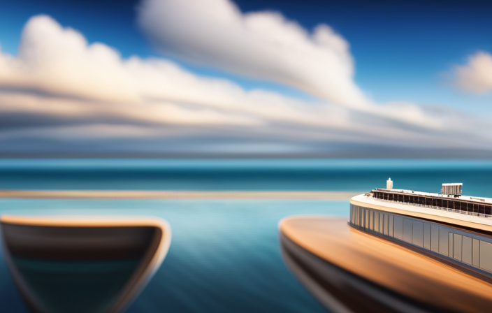 An image showcasing a serene ocean horizon, with a massive cruise ship towering against a backdrop of clear blue skies